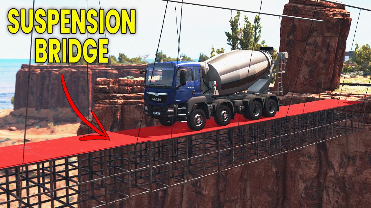 BeamNG Drive - Cars vs Suspension Bridge (Bridge With Physics)
