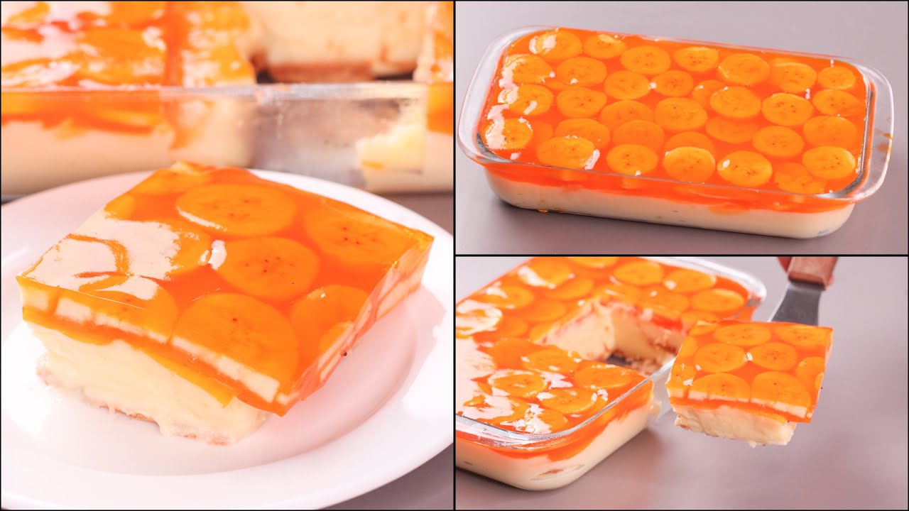 CUSTARD BANANA DESSERT SLICE | EGGLESS DESSERT | ORANGE BANANA DESSERT | NO-BAKE DESSERT RECIPE