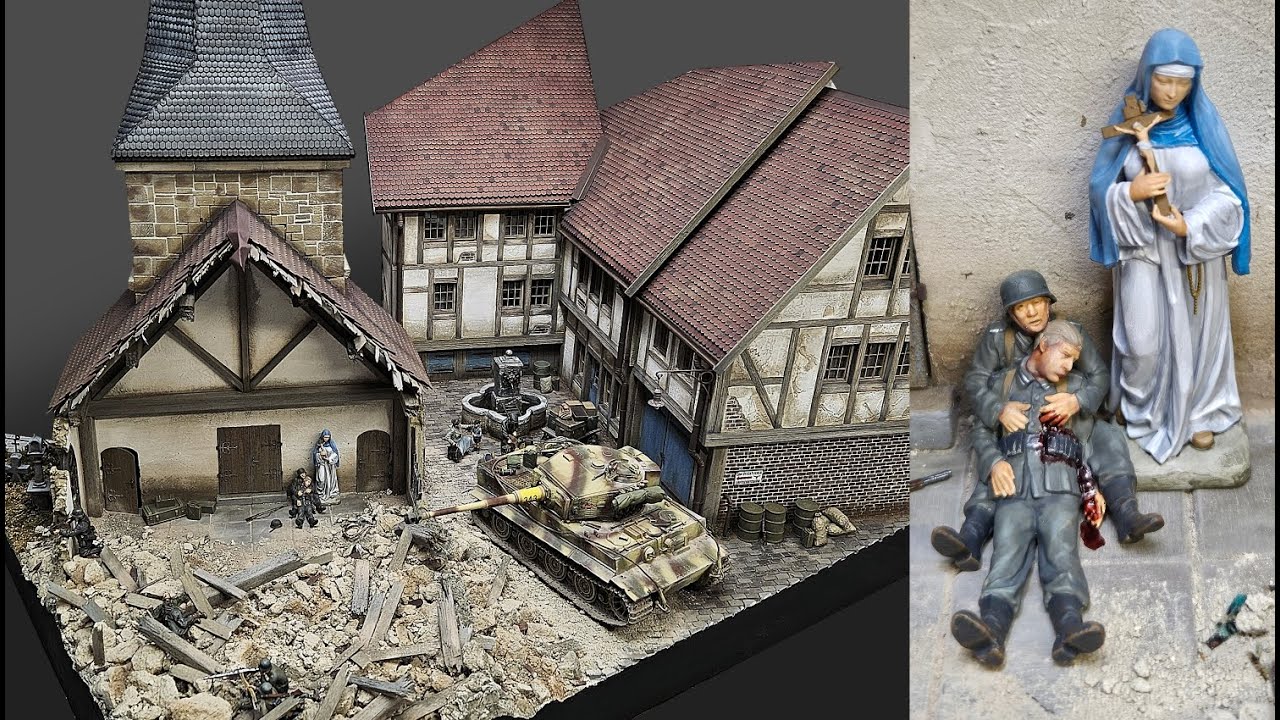 Destroyed Church Diorama scale 1:35 with Tiger 1 & fallen brothers