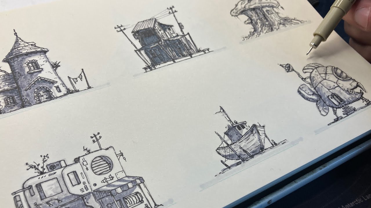 Drawing some random buildings & objects using Ink & Grey pens