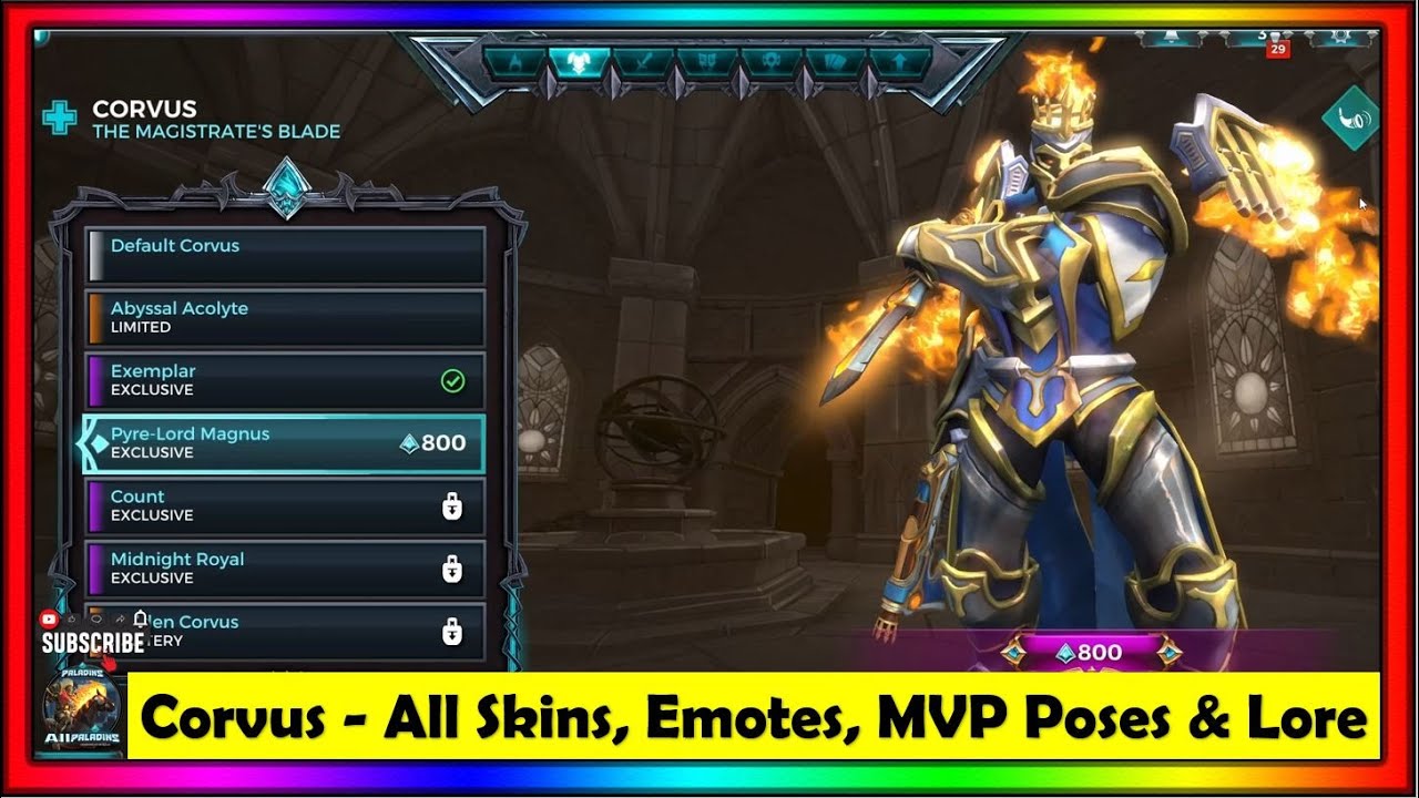 Paladins Season 5 - Corvus Healing Champion All Skins, Emotes, MVP Poses and Lore