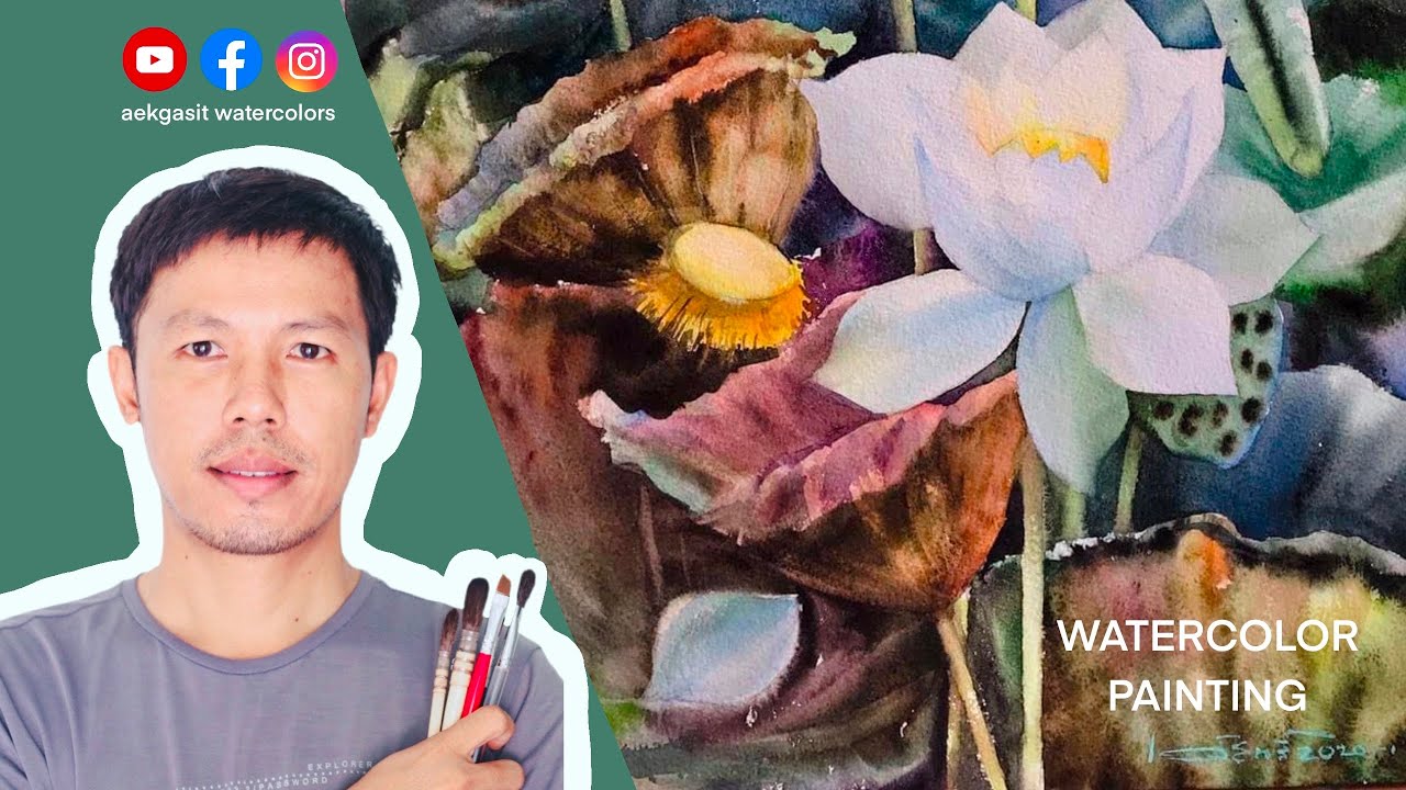 How to paint watercolor / วิธีวาดสีน้ำภาพดอกบัวหลวง #สีน้ำ#สีน้ำยูทูบเบอร์