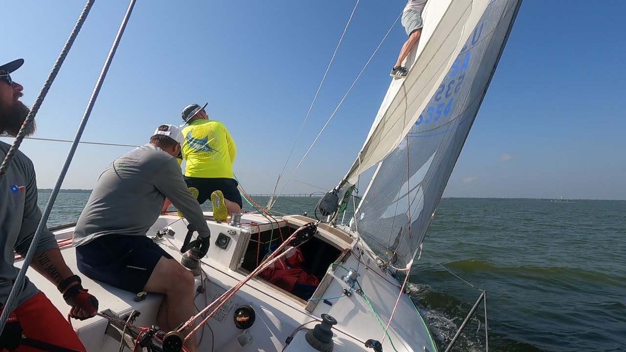 J24 sailboat mast climb in a race, full version.  Do not try this at home.  J24 racing. #regatta