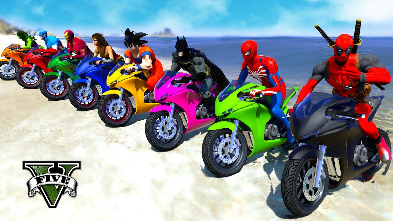 RACING Motorcycles With SPIDERMAN vs SUPERHEROES Motorbikes Race Competition Challenge - GTA 5