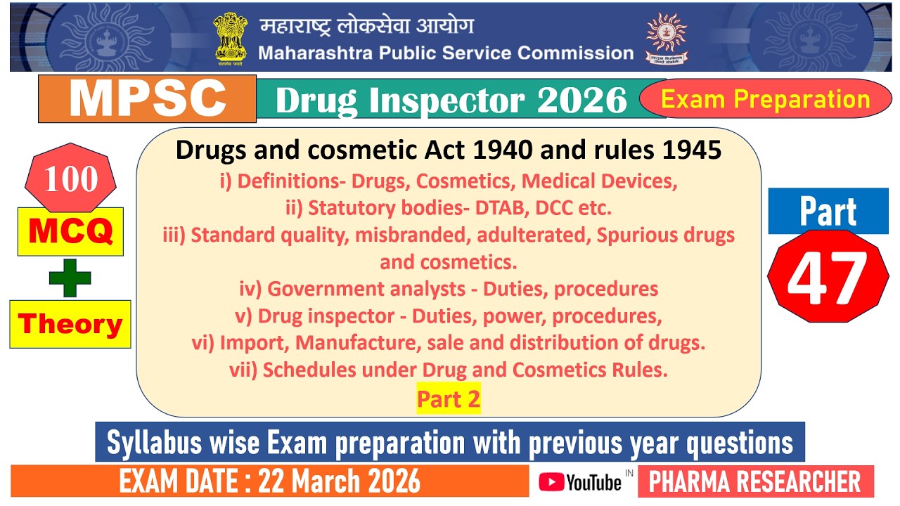 Drugs and cosmetics act part 2 MCQs II MPSC DI 2025 Exam Preparation