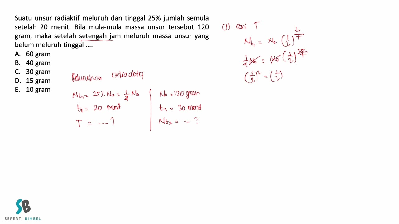 Suatu unsur radiaktif meluruh dan tinggal 25% jumlah semula setelah 20 menit  Bila mula mula massa u