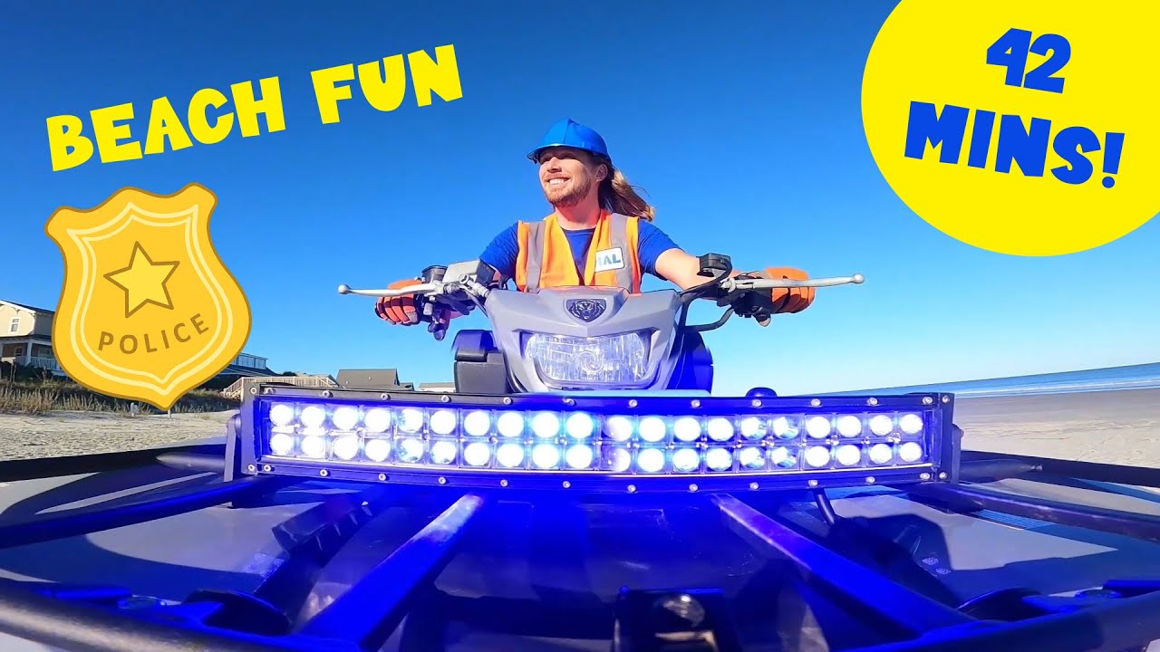 Police ATV Beach Clean Up | Handyman Hal cleans the beach Police 4 Wheeler | Fun Videos for Kids