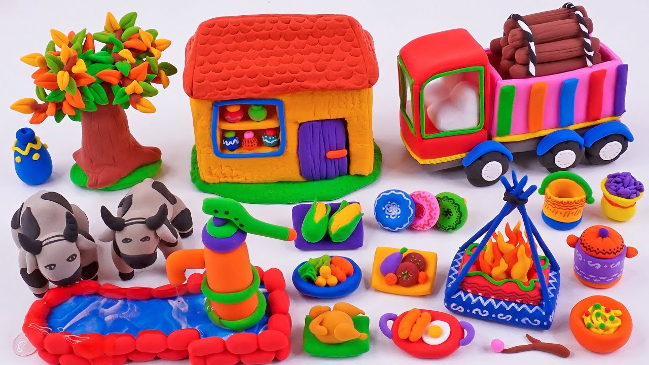DIY How to make polymer clay miniature house, truck, kitchen set, water pumps, cow