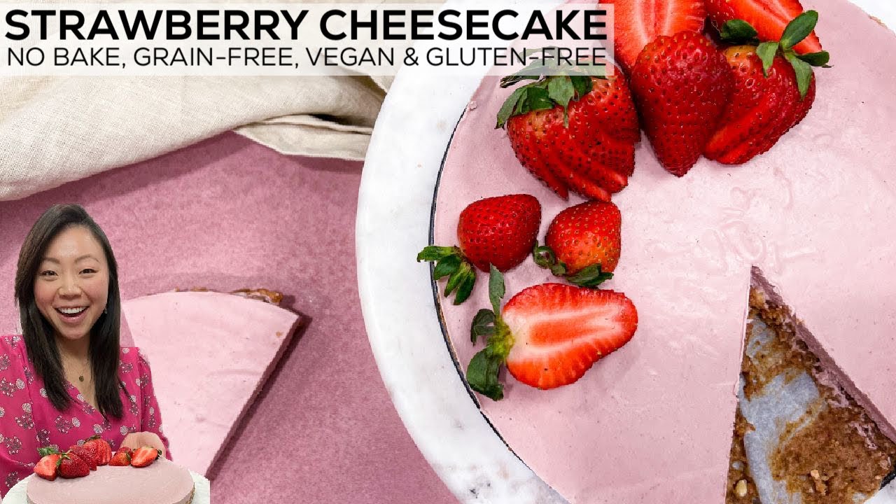 Easy NO BAKE STRAWBERRY CHEESECAKE (Vegan + Gluten-Free) | 9-Ingredients Only & Guilt-Free!