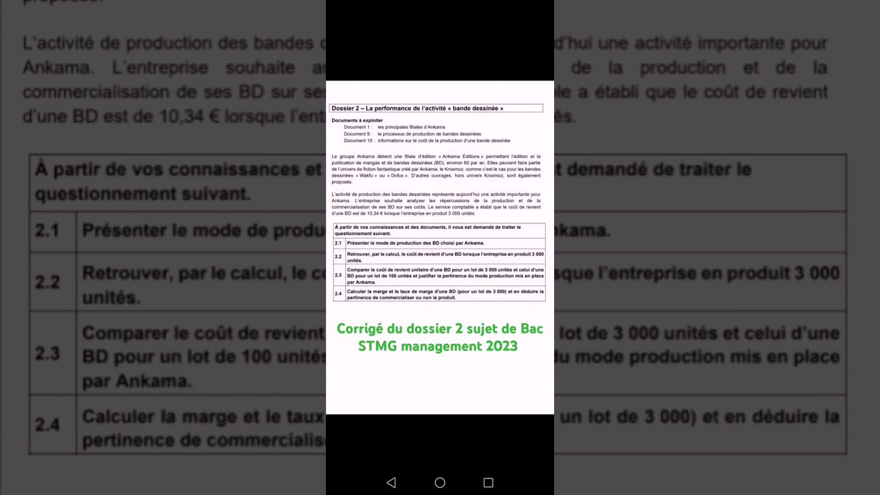 Corrig&eacute; du dossier 2 sujet de Bac STMG management 2023 co&ucirc;t de revient #bac