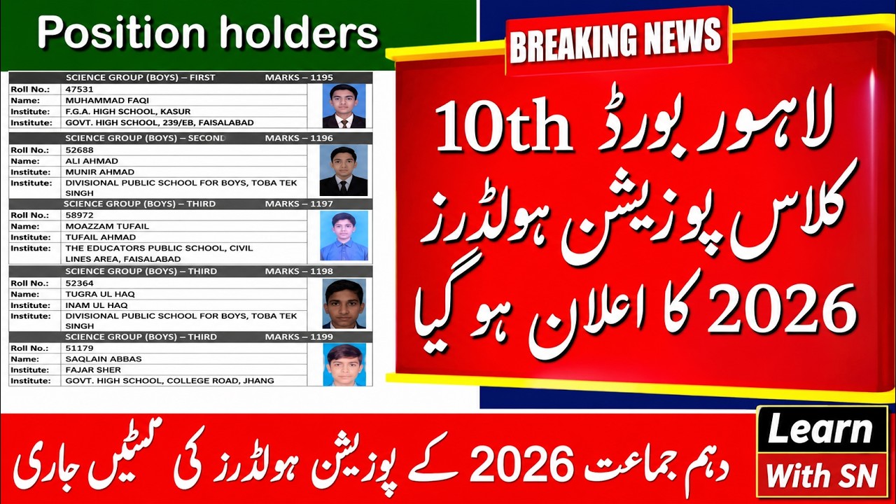 BISE Lahore 10th Class Top Position Holders 2026 | Matric Merit List & Topper Names