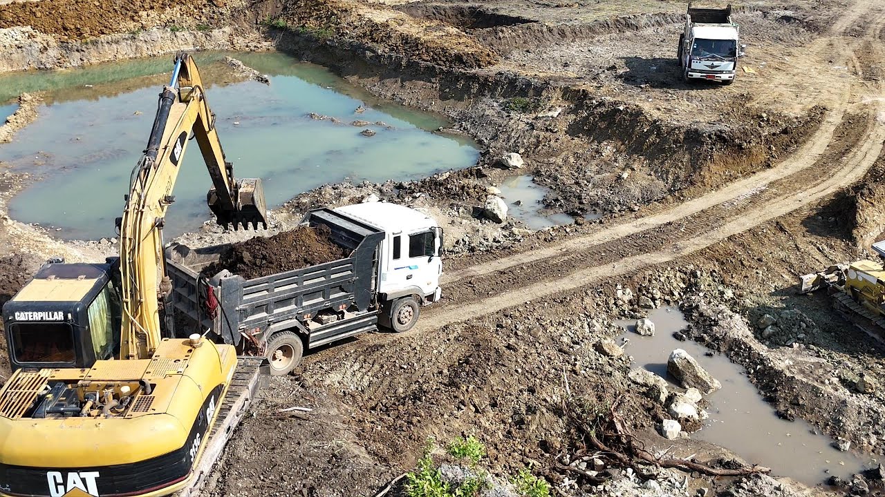 CAT Excavator Loading Dump Trucks from Above | Real Earthmoving Work & Natural Sounds