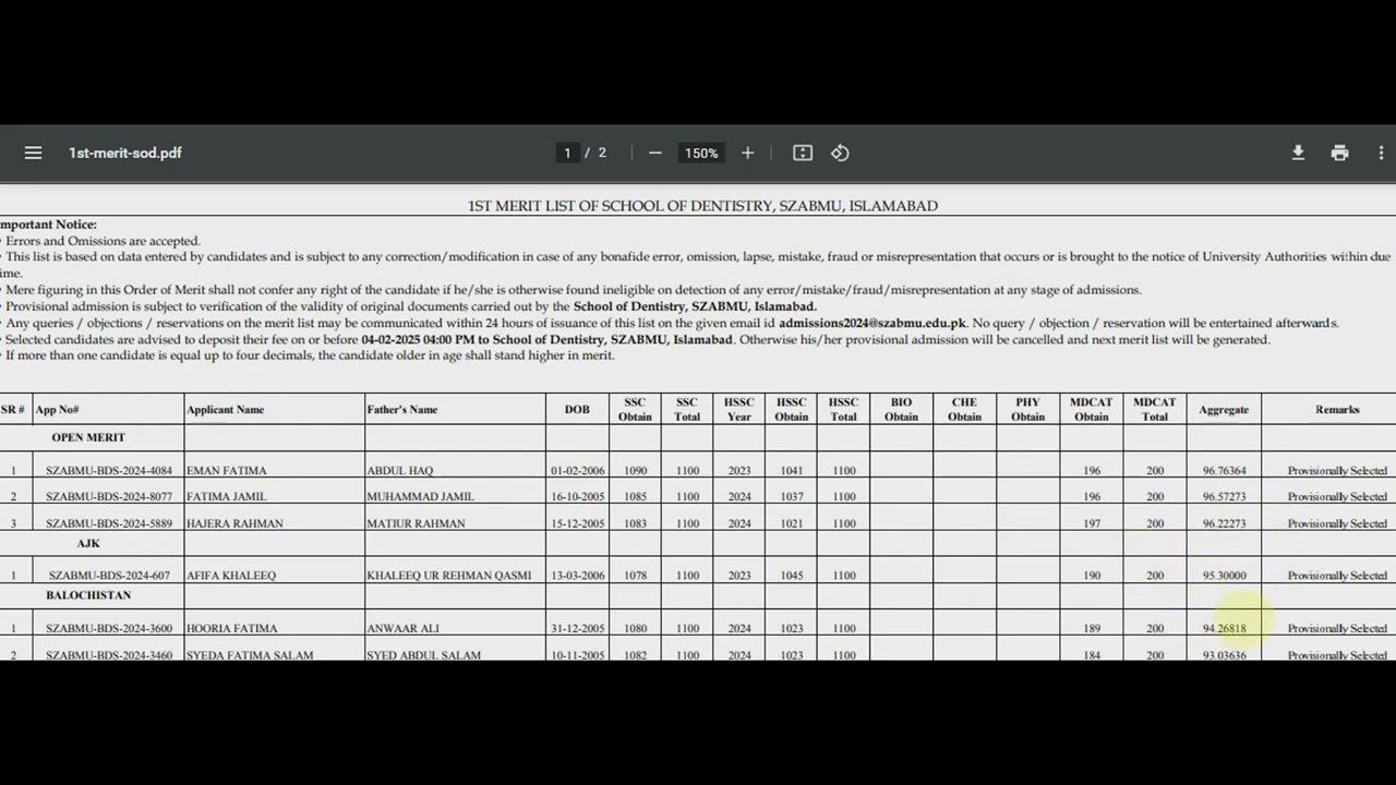 Estimated closing merit of SOD,SZABMU within AJK & GB quota for Session 2025-26