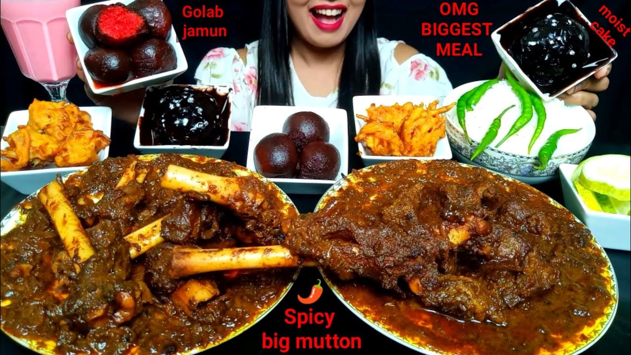 ASMR:EATING BIGGEST MEAL|LOTS OF SPICY MUTTON SOLID & PAYA MASALA CURRY,CAKE,GOLAB JAMUN#hungrygirl