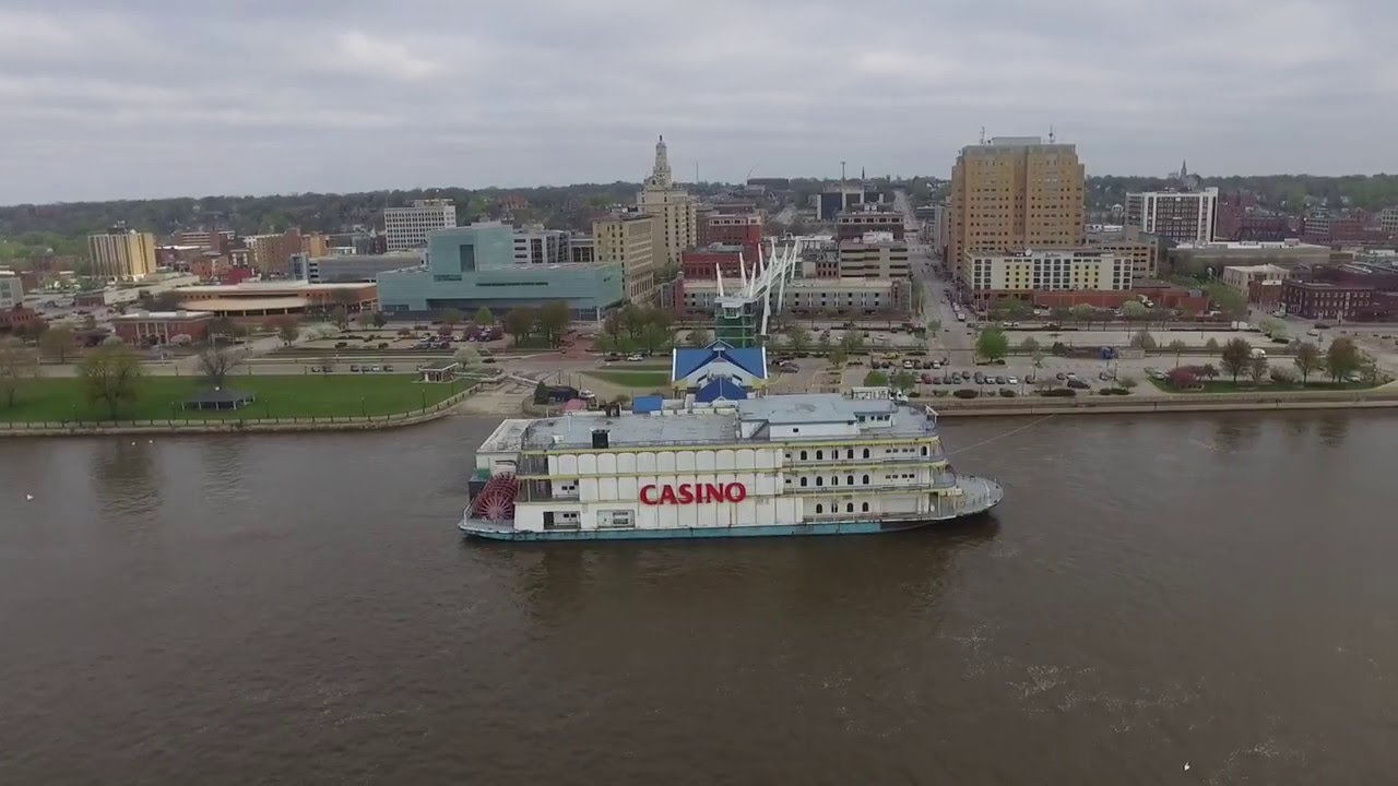 Downtown Davenport Iowa Mississippi River Front (Drone)