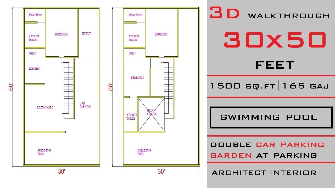 30X50 House Plan||1500 Sqft ||Swimming Pool||Garden||30 x 50 house Design 3Dl||165 Gaj||