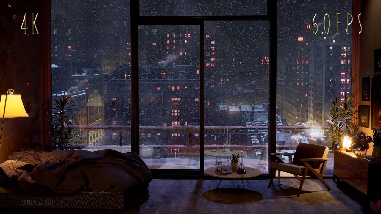 (Night Version For Sleeping) NYC Heavy Snowfall In A Cozy Apartment | 4K |  60FPS
