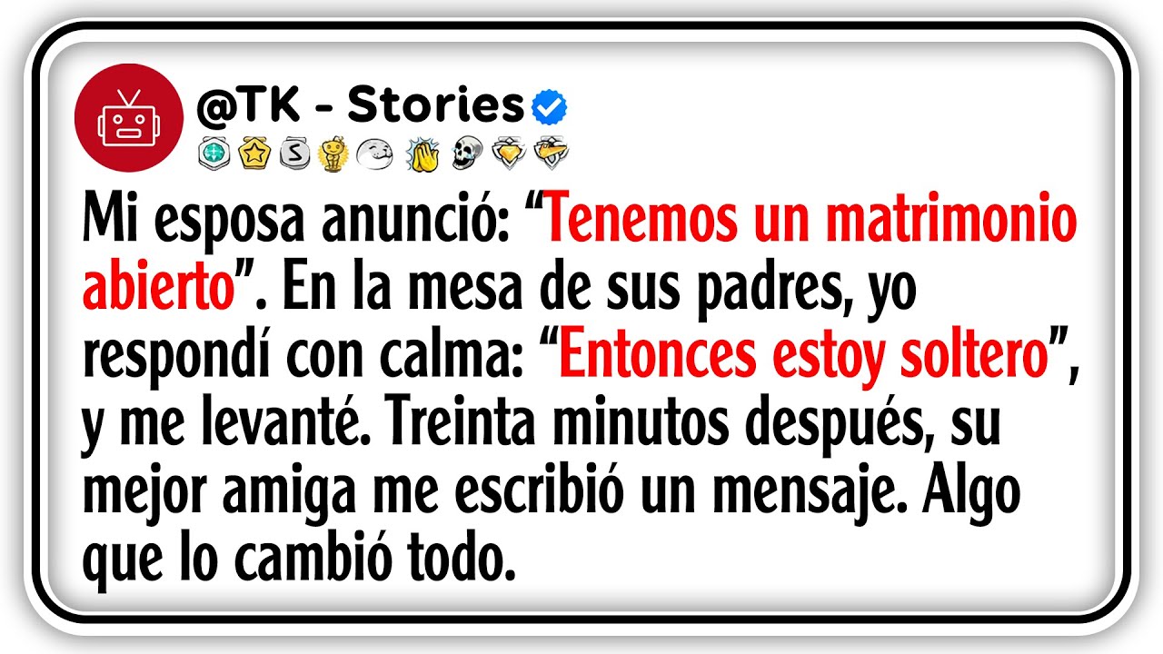 Mi esposa anunció: “Tenemos un matrimonio abierto”. En la mesa de sus padres, yo respondí con...