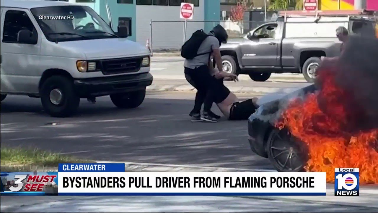 Good Samaritans pull elderly Florida driver from burning Porsche