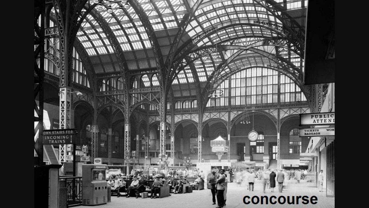 Old Penn Station New York City with aerial & skyline views of Manhattan & Empire State Building etc.