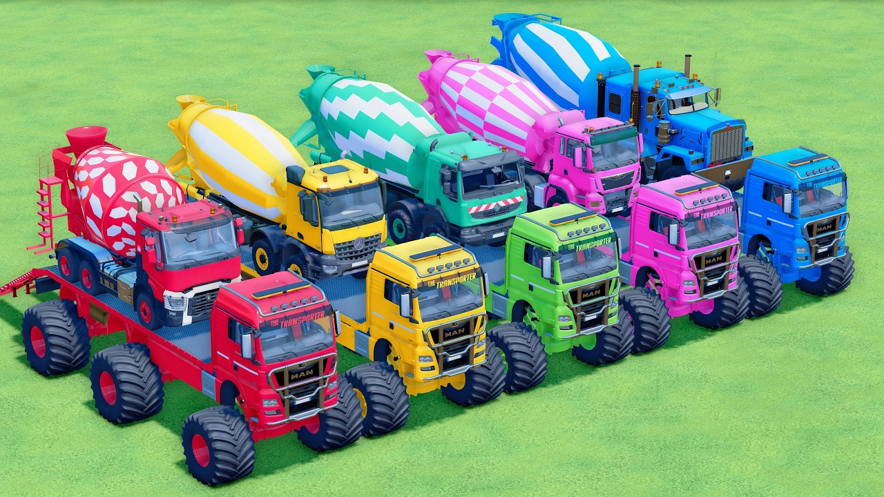 MONSTER FLATBED TRUCK LONG CONVOY TRANSPORT OF COLORS! ALL  MIXER TRUCK, MERCEDES, KENWORTH - FS25