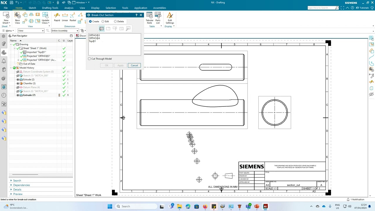 How to create a break out section view in NX drawing (version NX2312)
