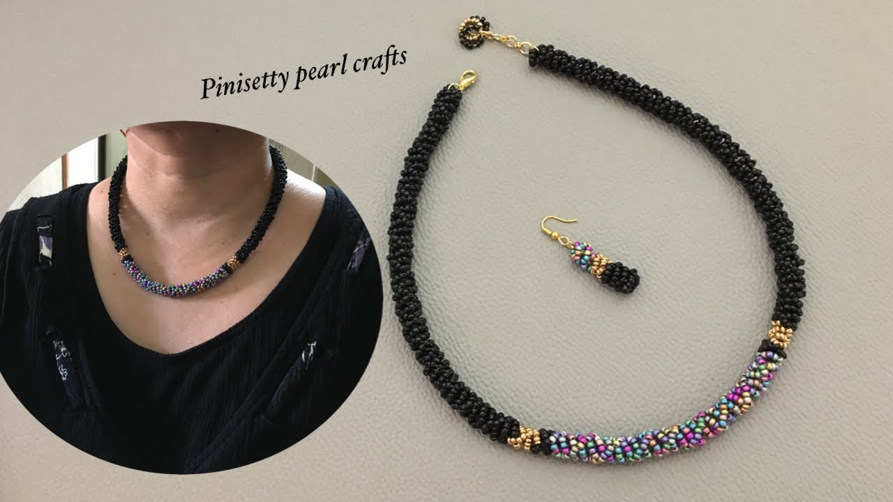 How to make seed bead rope necklace set/Black beads tubular rope necklace tutorial/Rope bracelet