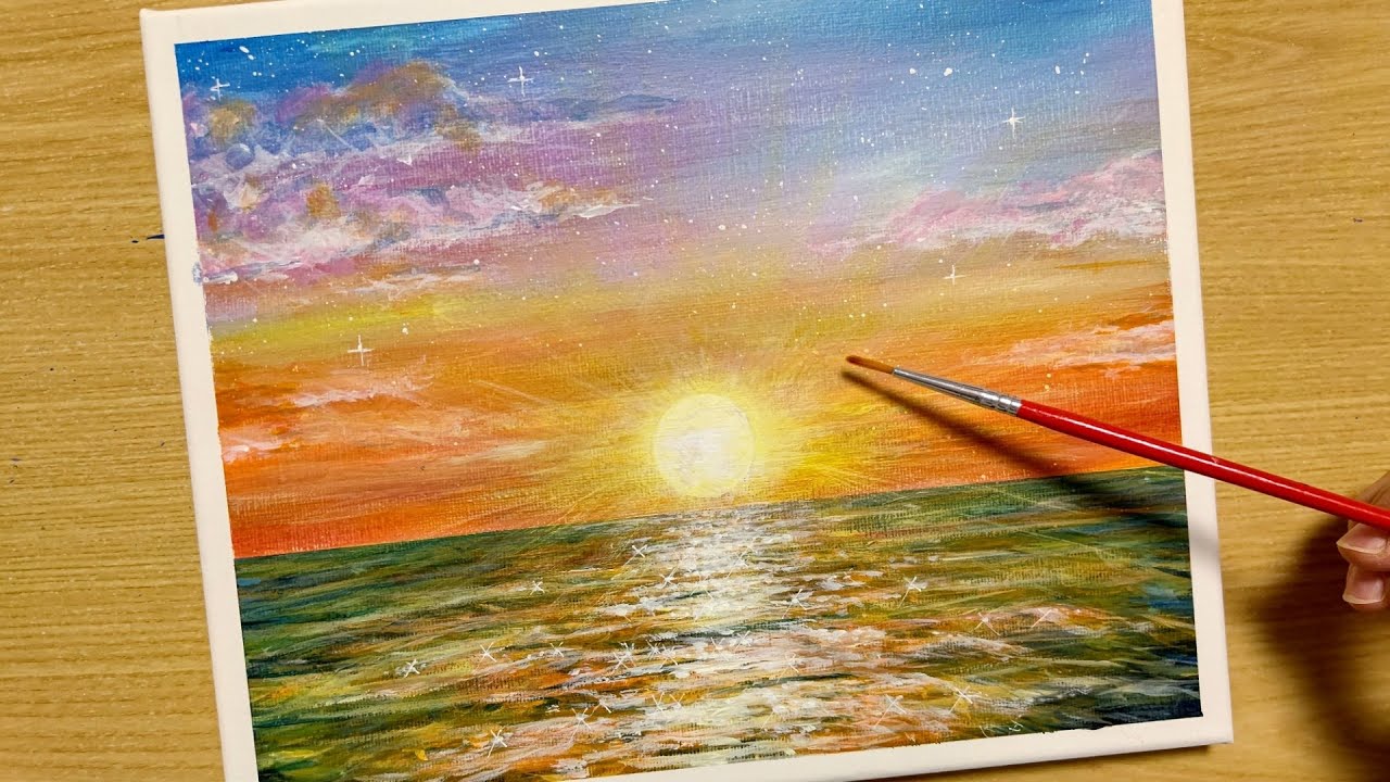 アクリル絵の具で海の夕日の描き方/初心者のための簡単なアクリル画/Step by step