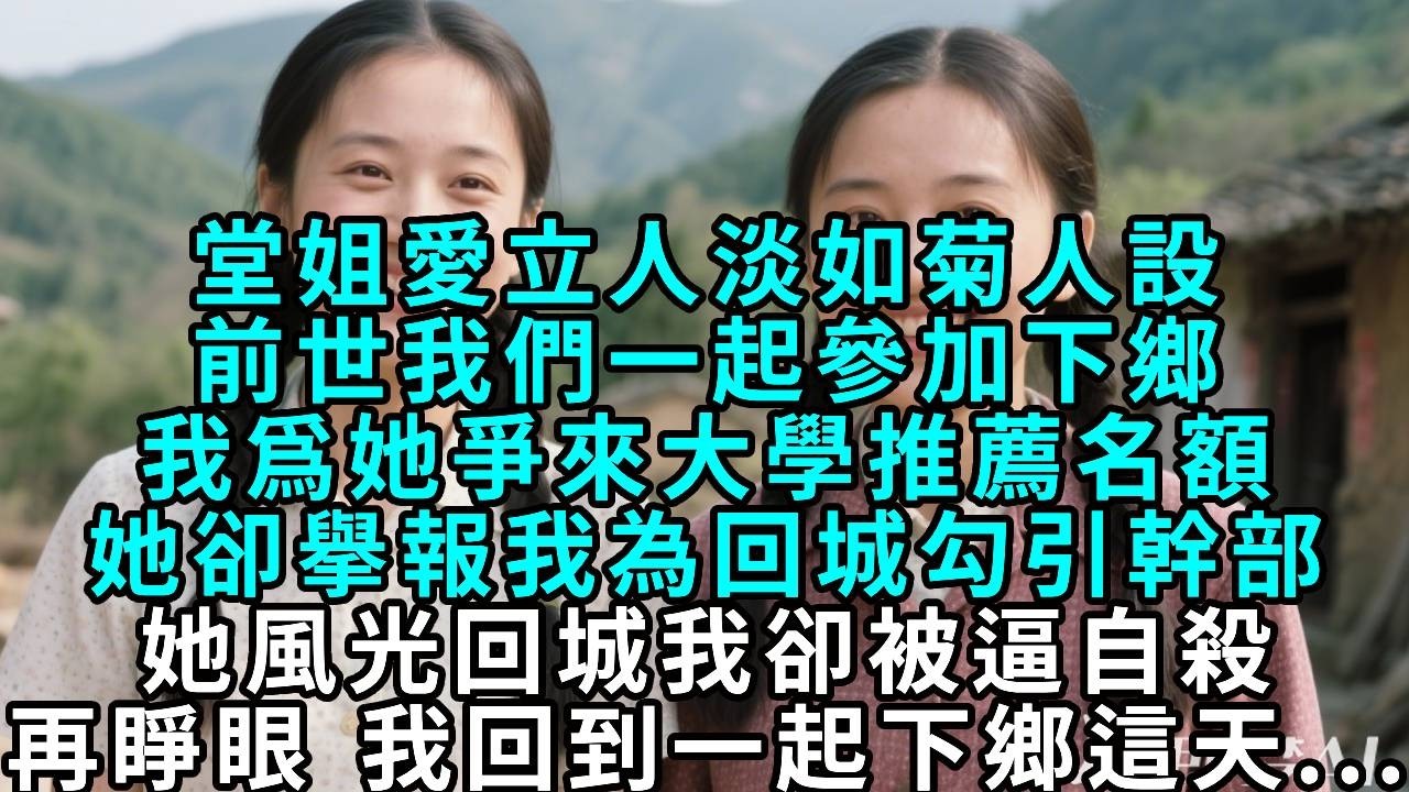 堂姐愛立人淡如菊的人設，前世我們一起參加下鄉，我為她爭來大學推薦名額，她卻檢舉我為回城勾引幹部，她風光回城我卻被逼自殺，再睜眼，我回到一起下鄉這天……