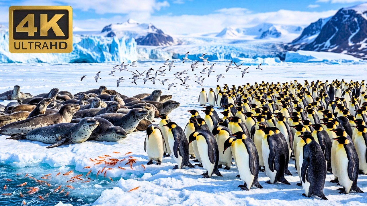 Relaxing Walk In Antarctica: Emperor Penguin, Leopard Seal, Snow Petrel & Antarctic Krill (4K)