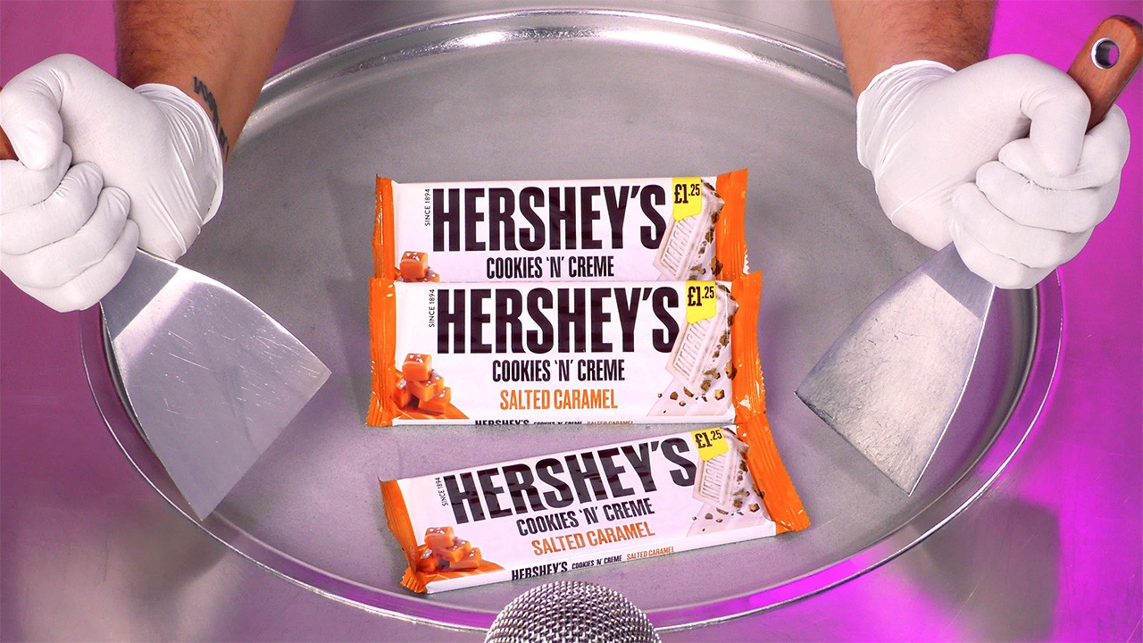 ASMR - Hersheys Cookies n Creme Salted Caramel Ice Cream Rolls | crisp scratching tapping sounds