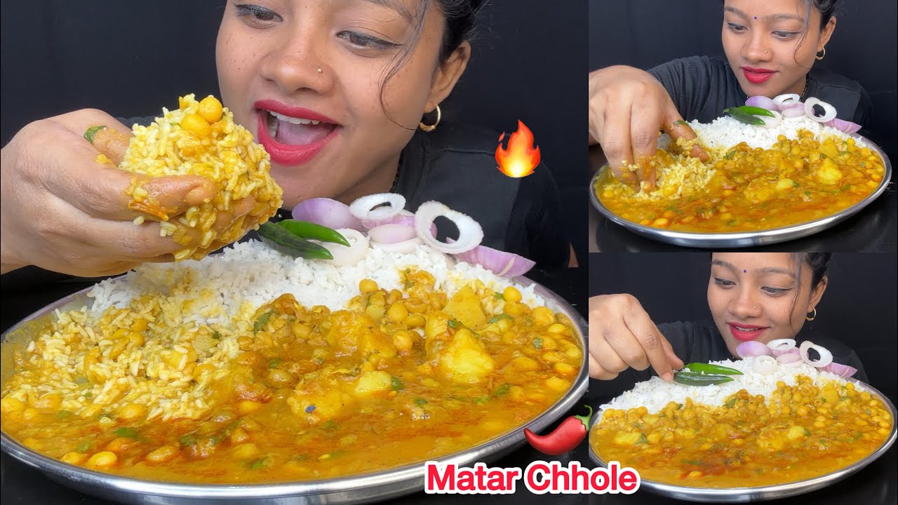 Spicy Matar Chhola Curry With Rice Eating 🥵🌶️