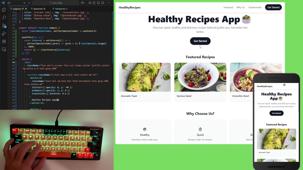 ASMR Programming - Healthy Recipes App in Next.js | Typing Sound