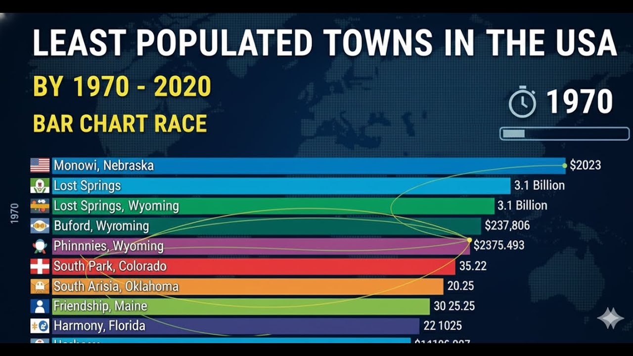 Least Populated Towns in the USA (1970-2020) | Bar Chart Race