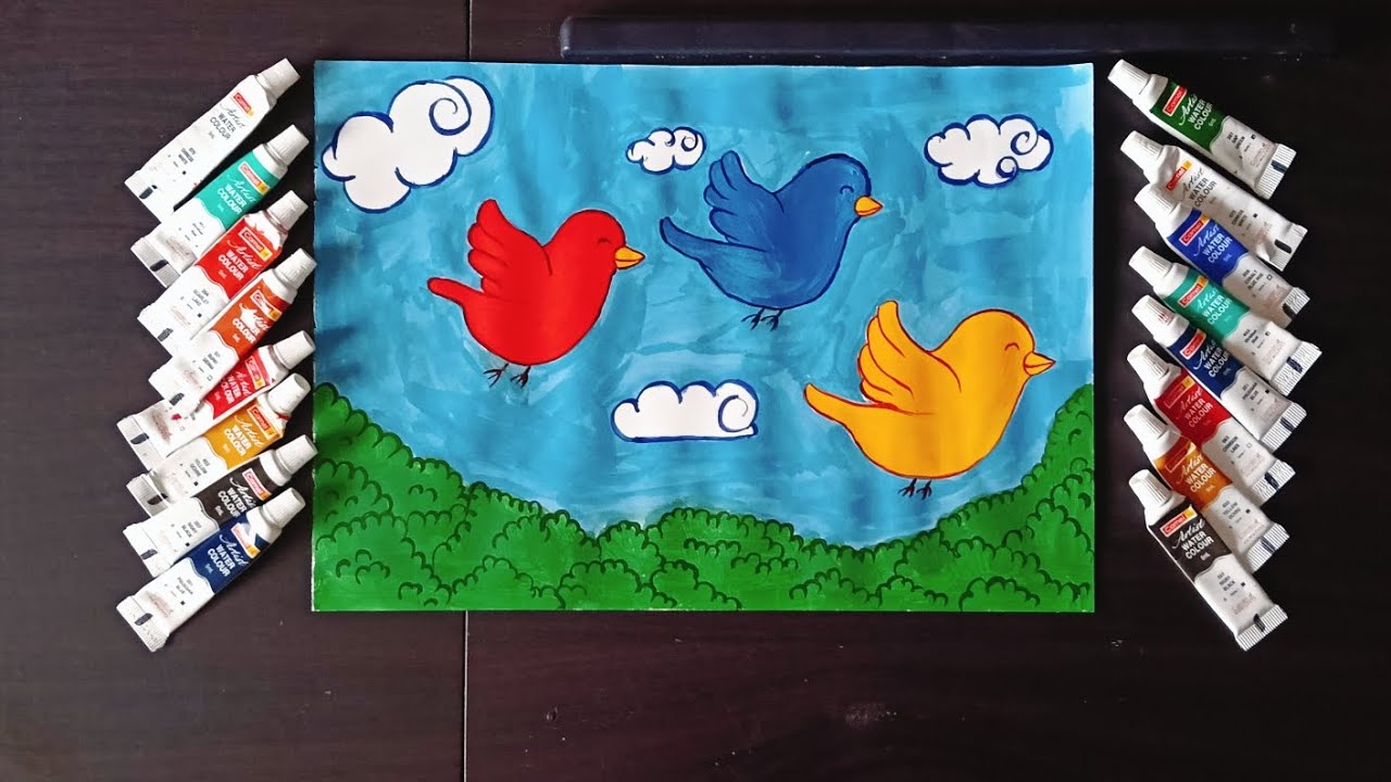 How to draw Birds🐦Drawing with Watercolors✏️Colours🤩(Part 2)/Coloring Techniques for Beginners🤩
