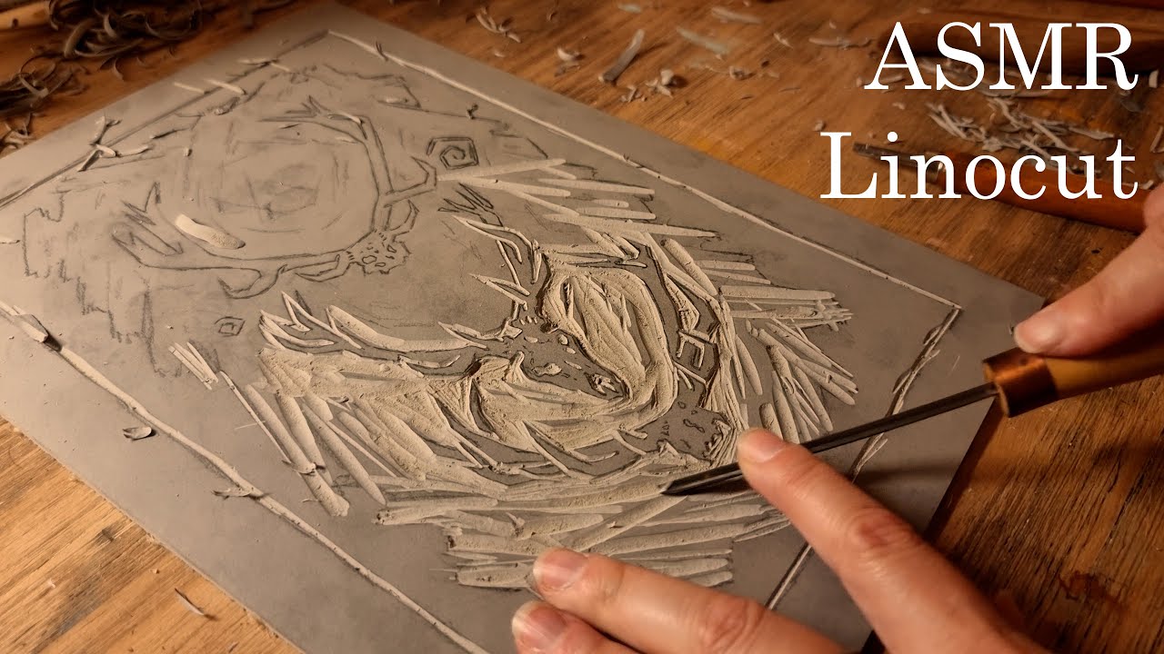 ASMR - 3h09 real linocut process. Relaxing wood and lino sounds, no talking