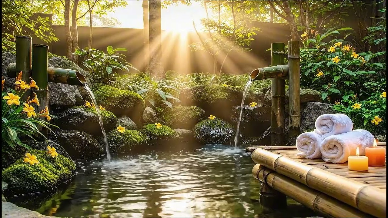 🌿 Bamboo Fountain & Spa Ambience. Deep Relaxation🌿Stone Waterfall & Pond |Meditation & Sleep Sounds