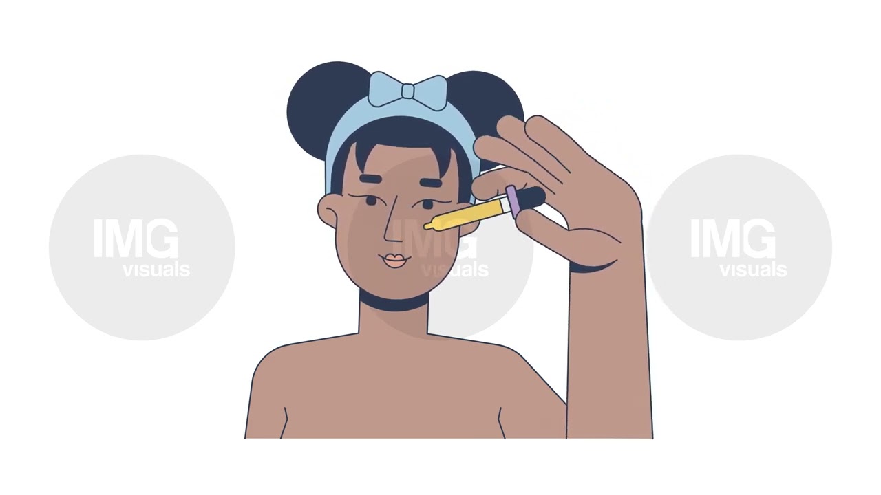 Black woman applying facial oil serum with dropper cartoon animation