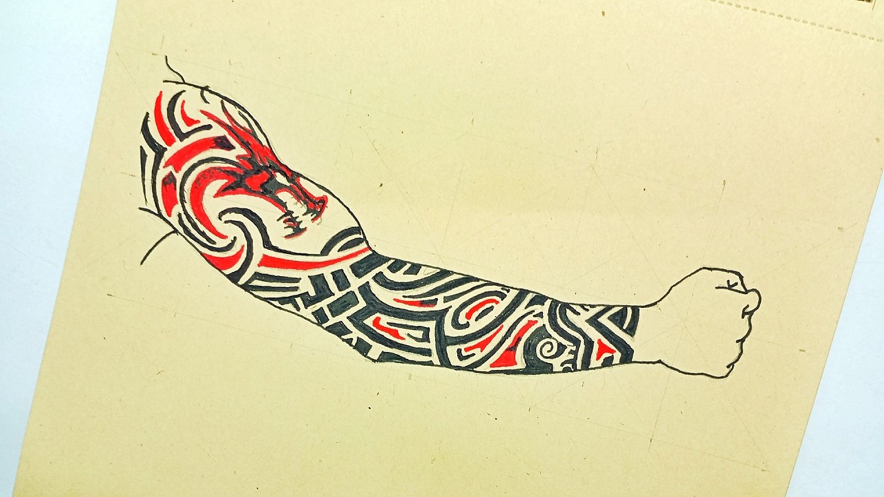 Dragon Full Arm Tribal Tattoo Design | Step-by-Step Ink Drawing | Red & Black Art