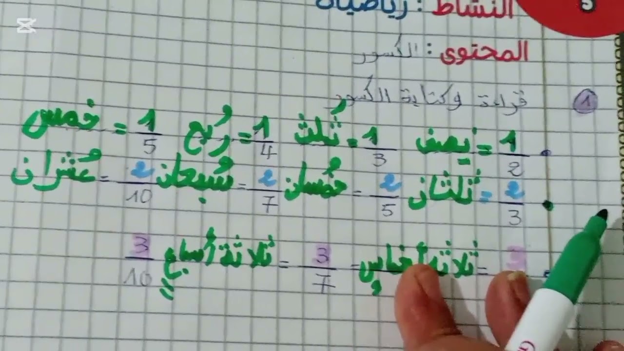 مراجعة 2 في الرياضيات الفصل الأول سنة خامسة ابتدائي قراءة و كتابة الكسور 