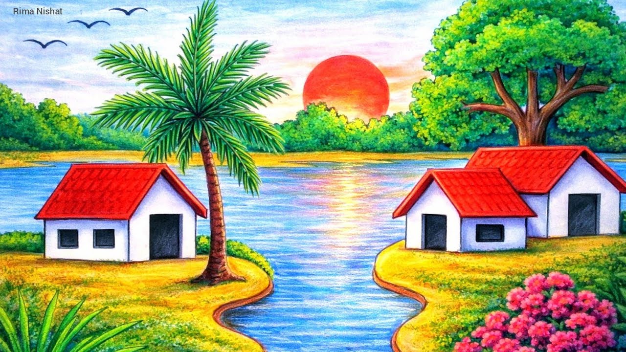Beautiful Village Scenery Drawing | Easy River Landscape Art for Beginners