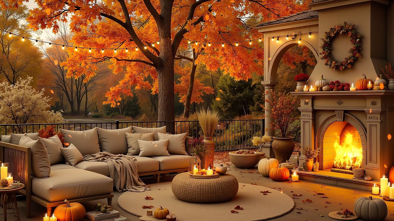 Autumn Jazz Vibes 🍂Cozy Living Room with Outdoor Fireplace & Relaxing Jazz Music for Fall Afternoons