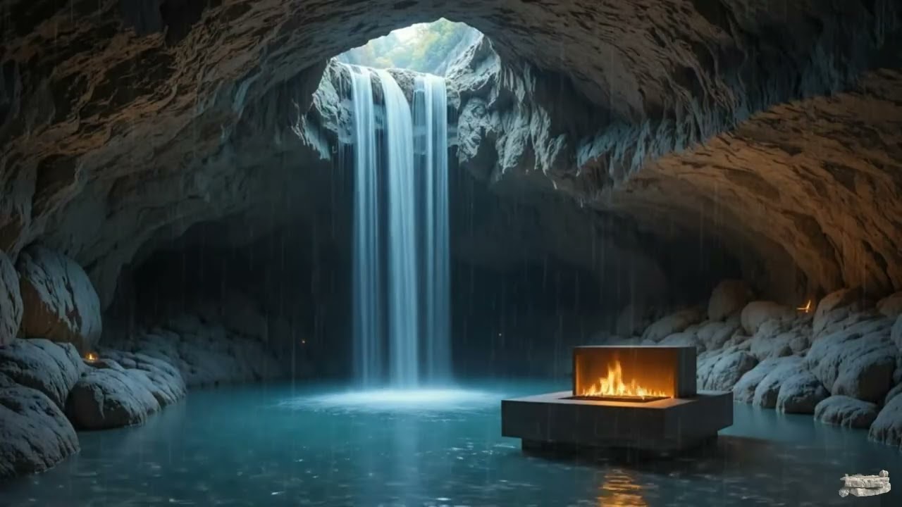 Hidden Waterfall Fireplace 🔥 | Rainstorm Ambience for Deep Sleep & Relaxation (ASMR 4K)