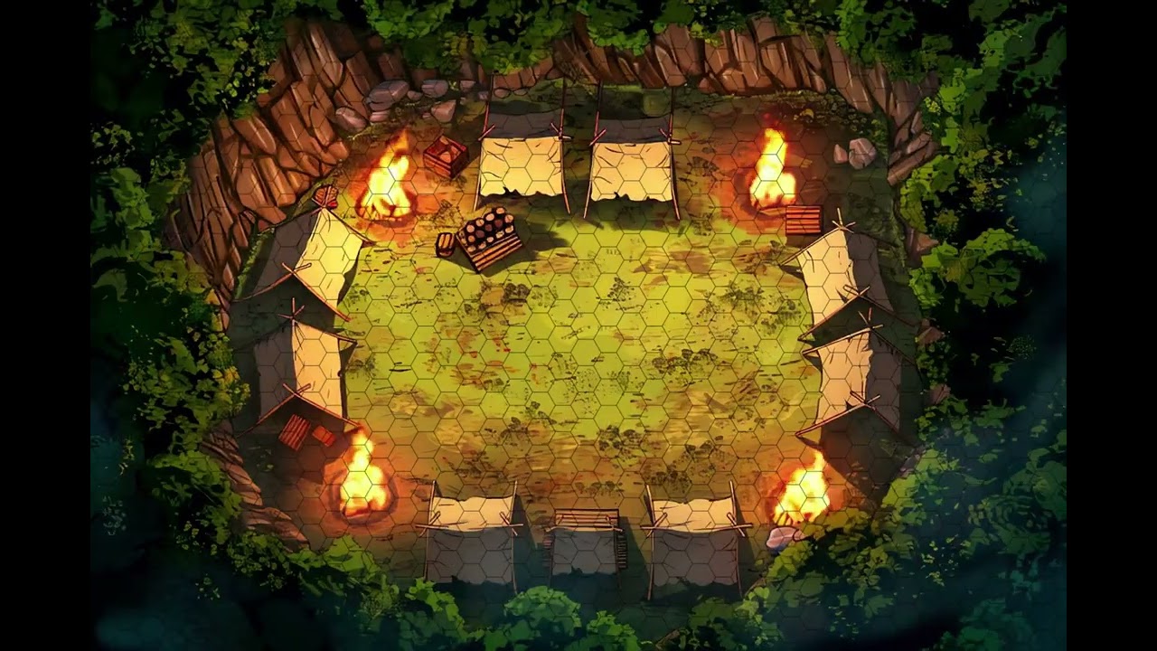 DnD compatible animated map _ Forest Campfire Scene _ hex grid _ ambience for VTT
