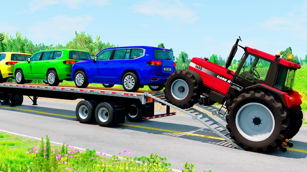 TRANSPORTING PIXAR CARS & FRUITS WITH COLORED & JOHN DEERE vs CLAAS vs TRACTORS - BeamNG.drive #983