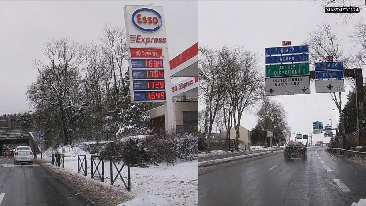 DRIVING ON SLIPPERY ROAD TO N12 PARIS - LA NEIGE TOMBE SUR PARIS