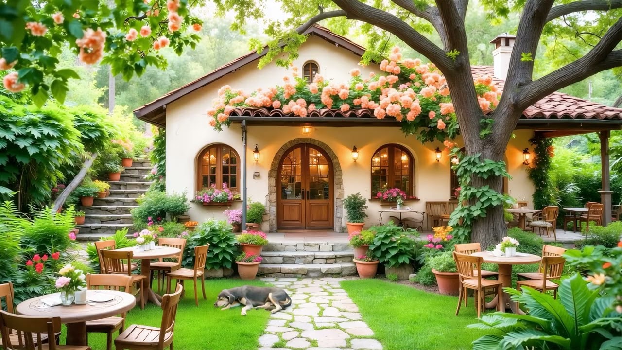 Secret Spring Garden Café with Nature Therapy | Peaceful Morning Jazz for Calm & Stress Relief