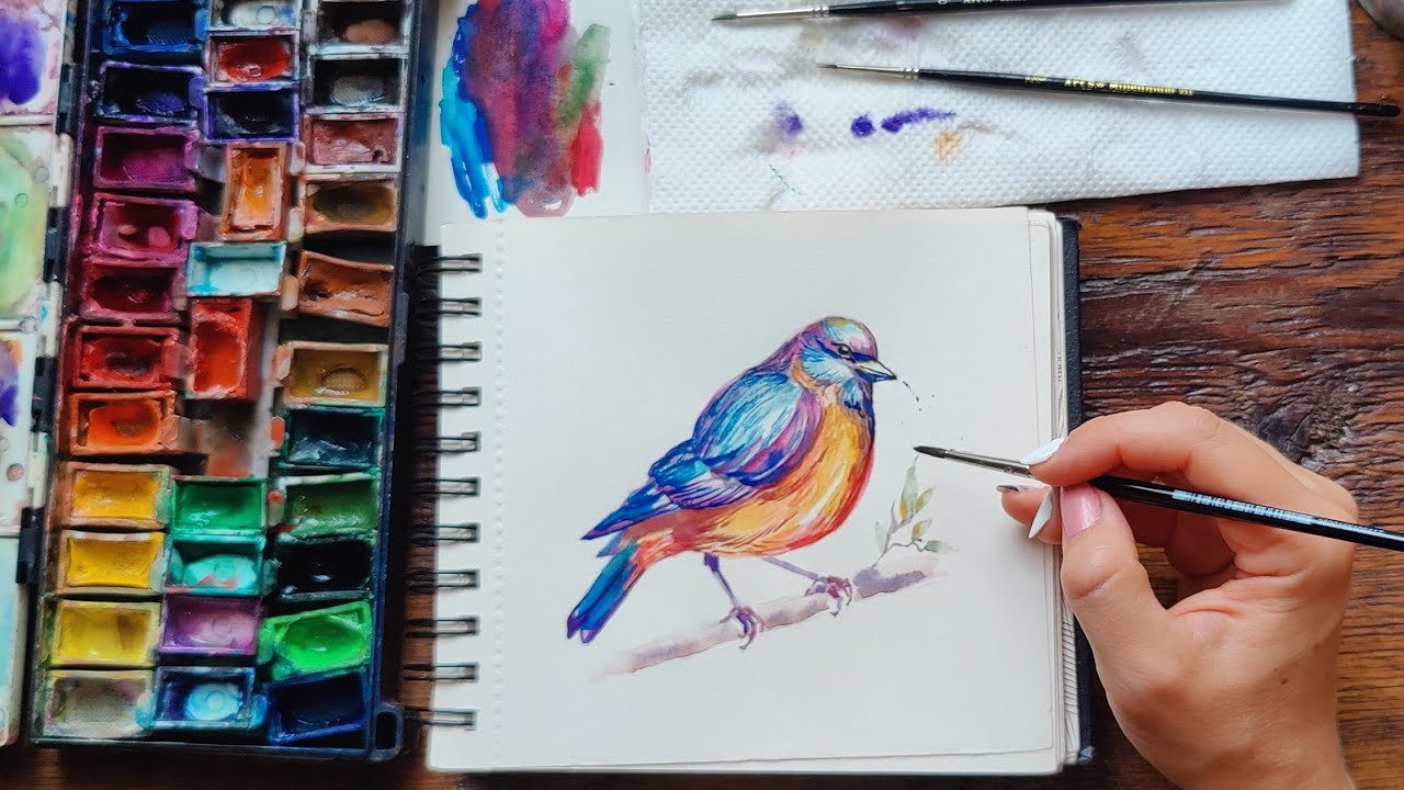 Рисуване с акварел за начинаещи / птица Aquarelle painting full lesson ) step by step / bird