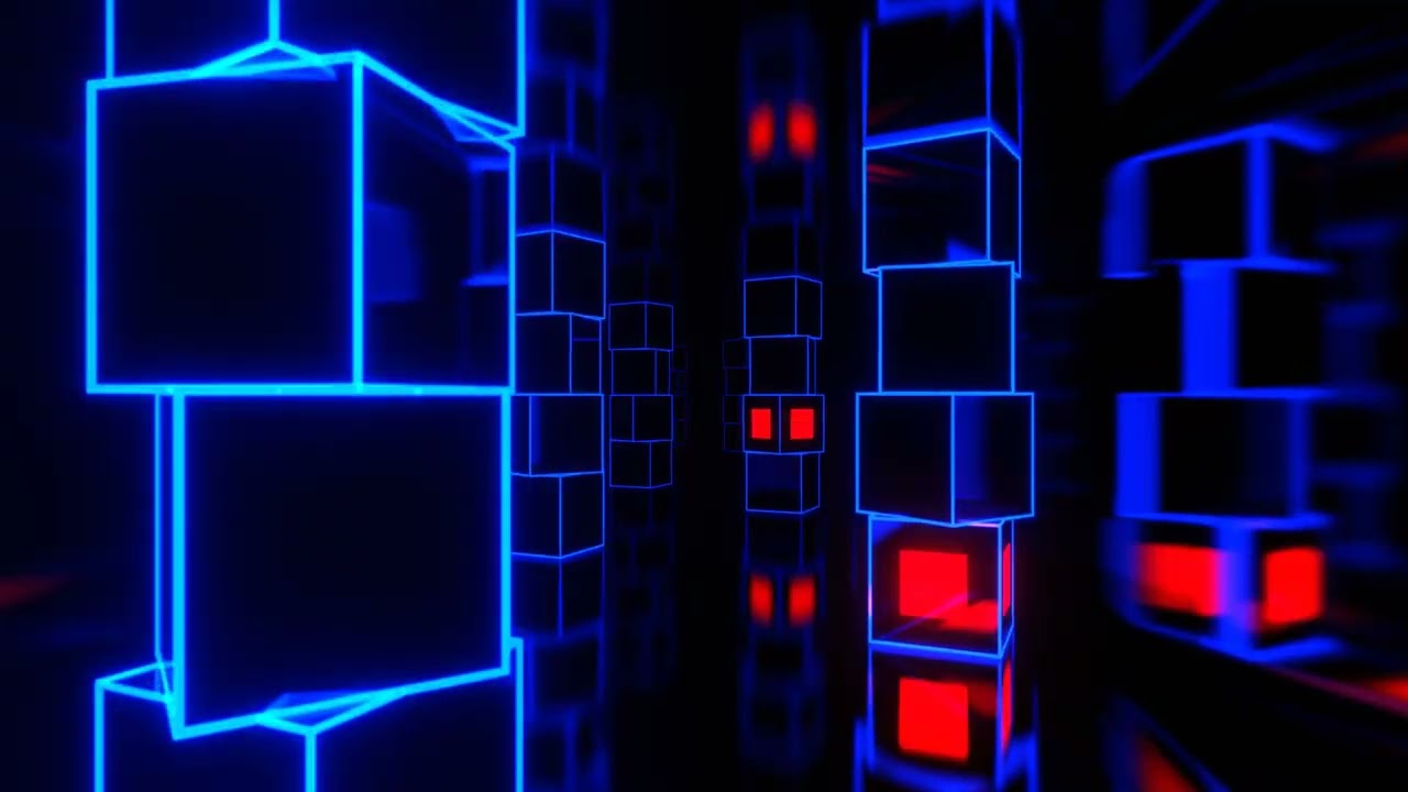 Mesmerizing blue red neon cube pathway 4k
