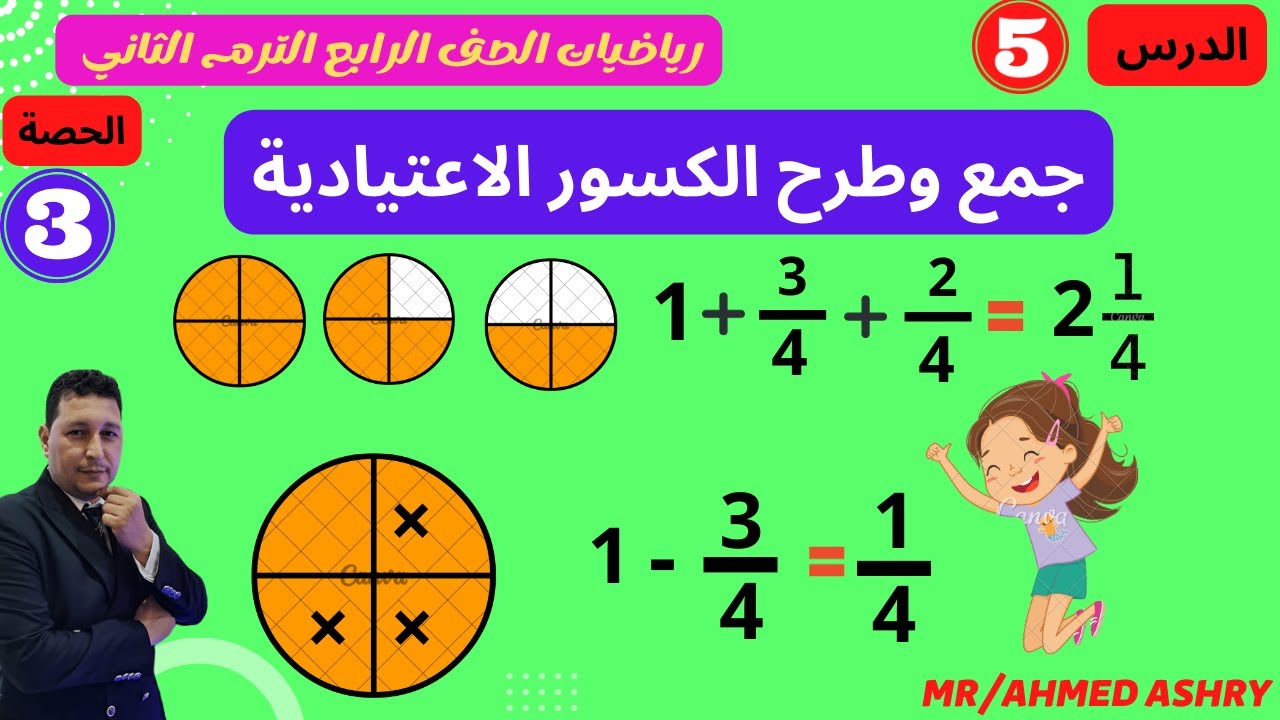 الدرس 5 الوحدة 9 أجزاء من الكل جمع وطرح الكسور الاعتيادية  رياضيات الصف الرابع الترم الثاني 2023